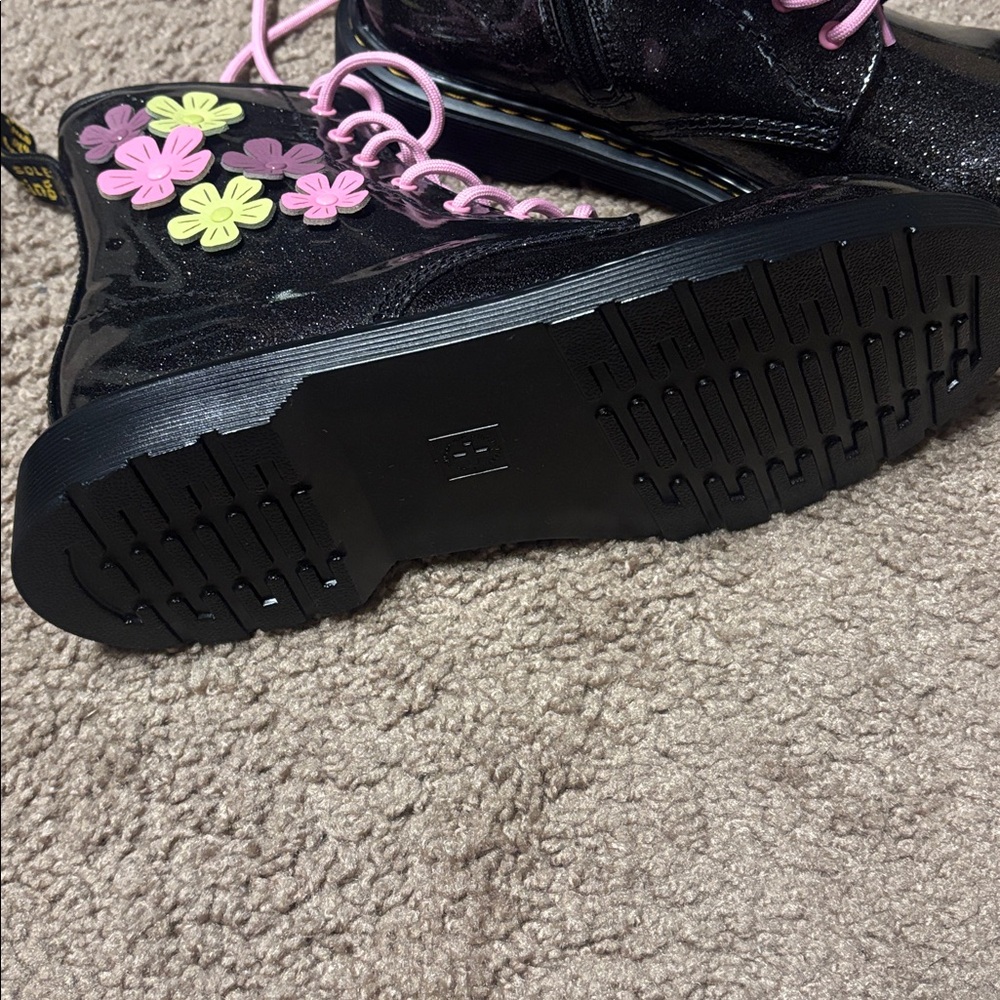 Dr. Martens Glittery Black Boots with Pink and Green Floral Accents - Picture 2 of 4